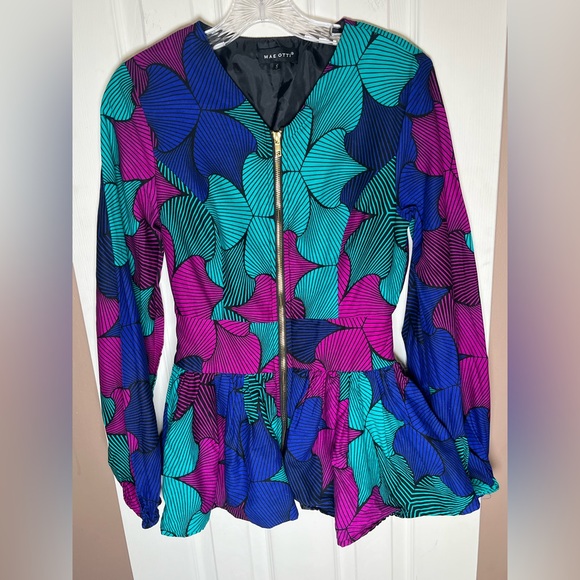 Mae Oti African Ankara Wax Print Peplum Top Full Zip Blouse Size S - Picture 4 of 17